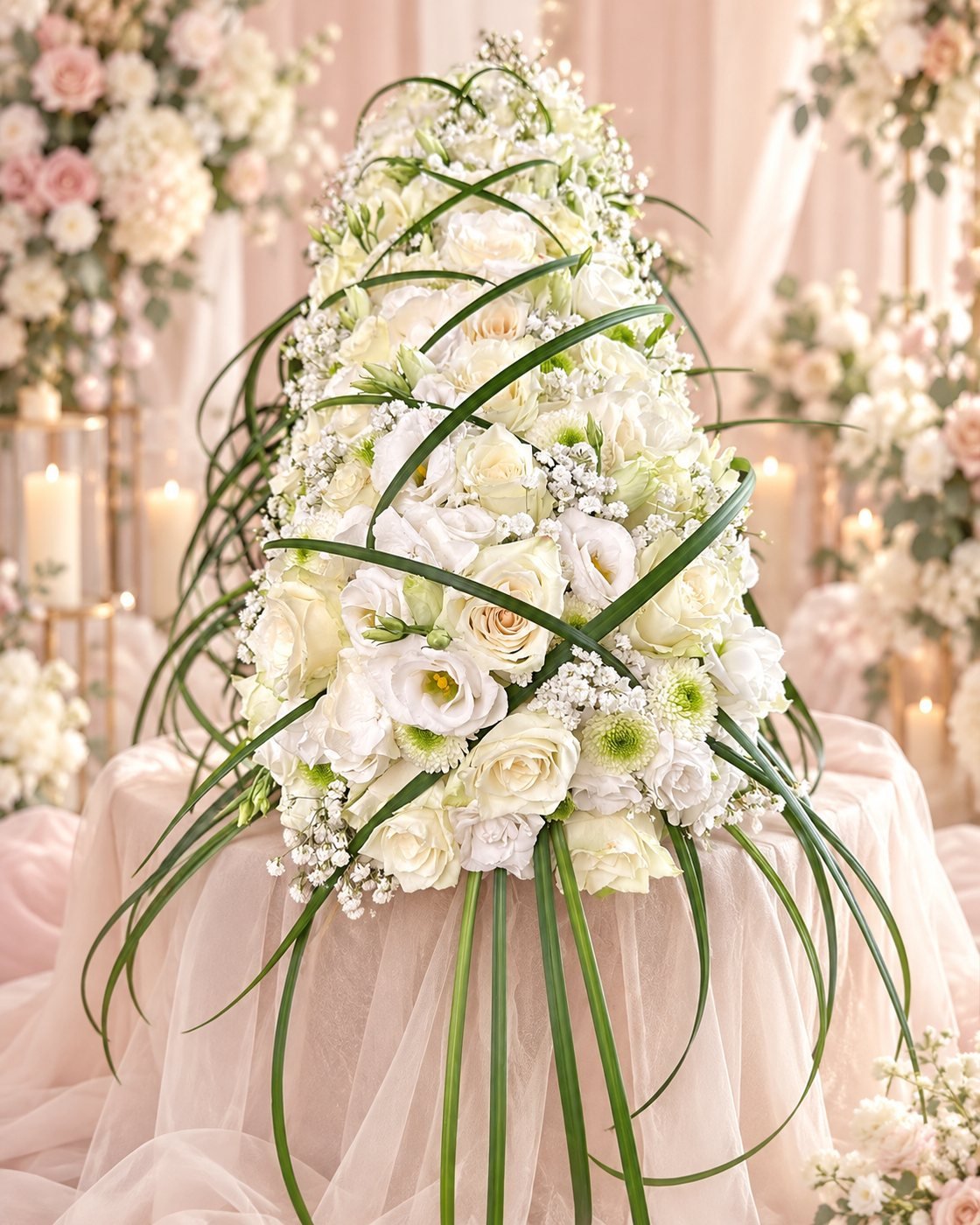 Sarggesteck aus weißen Rosen und Eustoma mit Schleierkraut und Gräsern