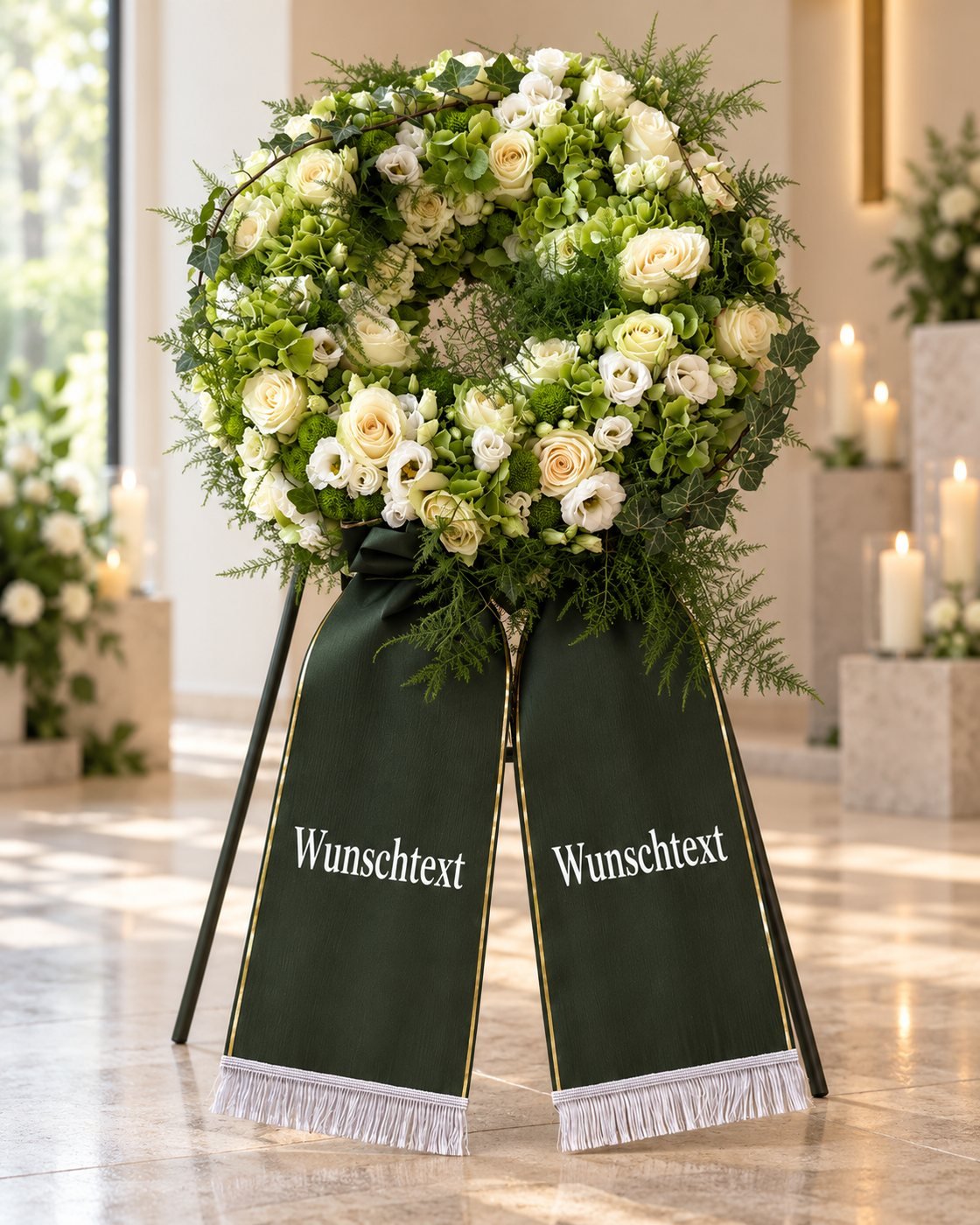 Trauerkranz aus weißen Rosen, Eustoma und grüner Hortensie mit dunkelgrüner Kranzschleife