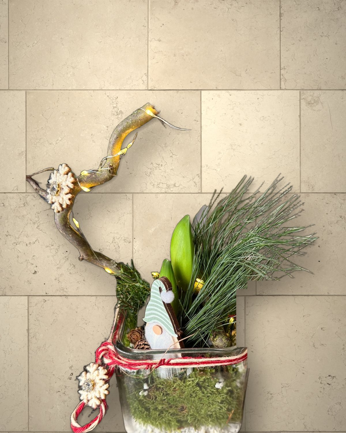 Amaryllis im Glas mit Moos, Kiefernzweigen und einem Wichtel